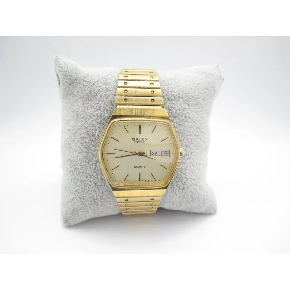 Vtg Gruen Precision Hexagon Quartz Analog 32mm Round Watch (I16) 